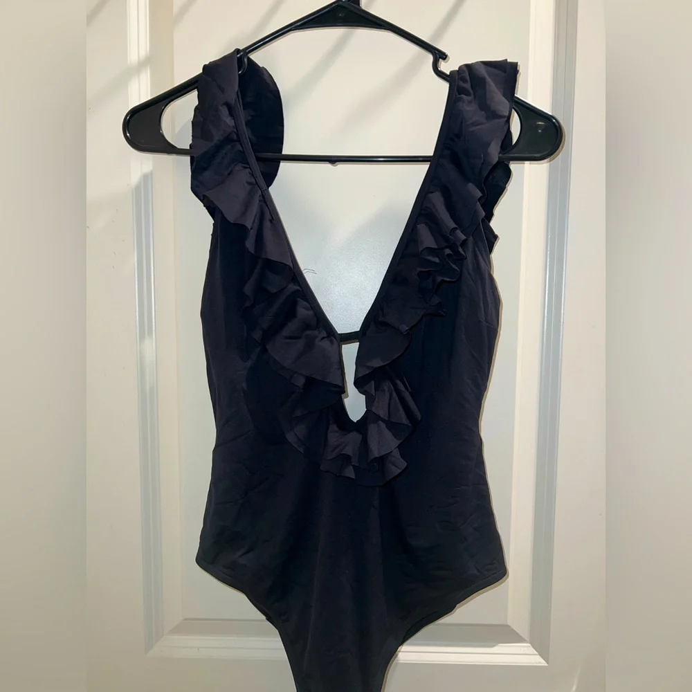 Michael Kors Navy Ruffle Deep V One-Piece Swimsuit